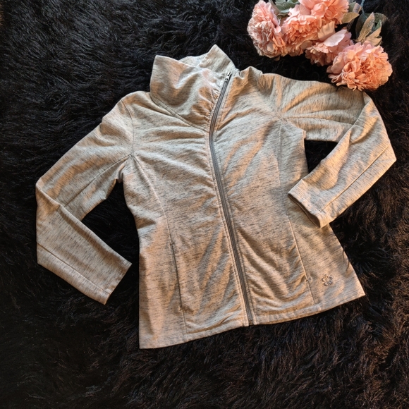 none Tops - Heathered grey zip front cowl neck sweatshirt.